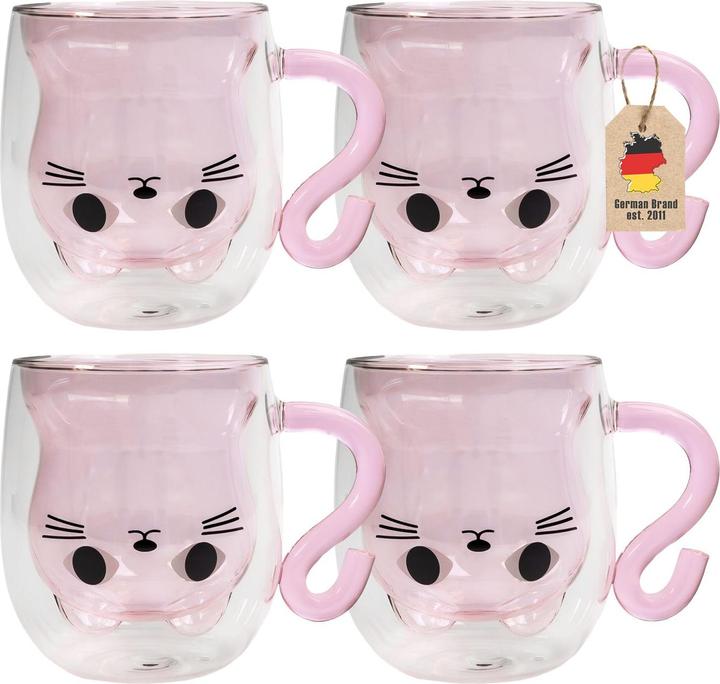Produktbild Intirilife Doppelwandiges Thermo Glas Set Design Katze (200 ml, 4 x)