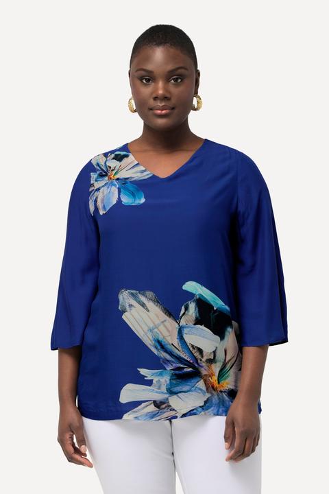 Produktbild Ulla Popken Bluse, Blüten, Oversized, V-Ausschnitt, 3/4-Glockenärmel (58)