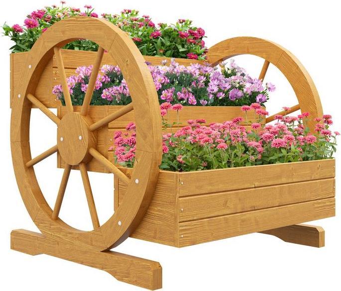 Immagine prodotto Swisshandel24 Hochbeet aus Holz, Blumenkasten mit 3 Etagen, Gemüsebeet mit Wagenrad-Dekor, Kräuterbeet mit Entwäss