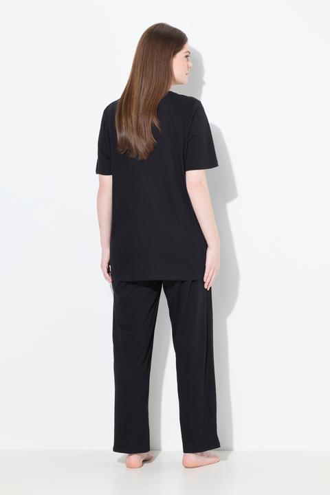 Image du produit Ulla Popken Pyjama 2 pièces, pantalon + haut à fleurs avec broderie, décolleté rond et manches courtes (42, 44)