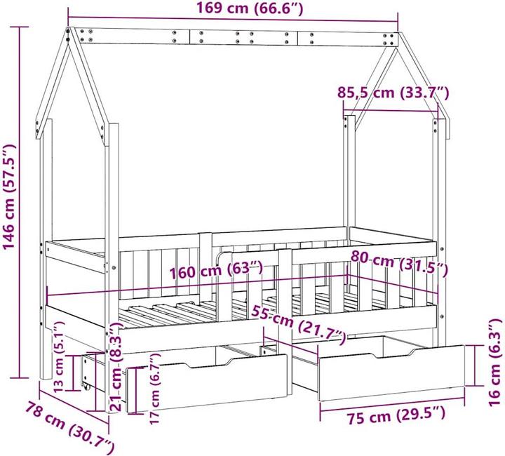 Produktbild vidaXL Kinderbett Hausbett Holzbett mit Schubladen 80x160cm Massivholz Kiefer (80 x 160 cm)