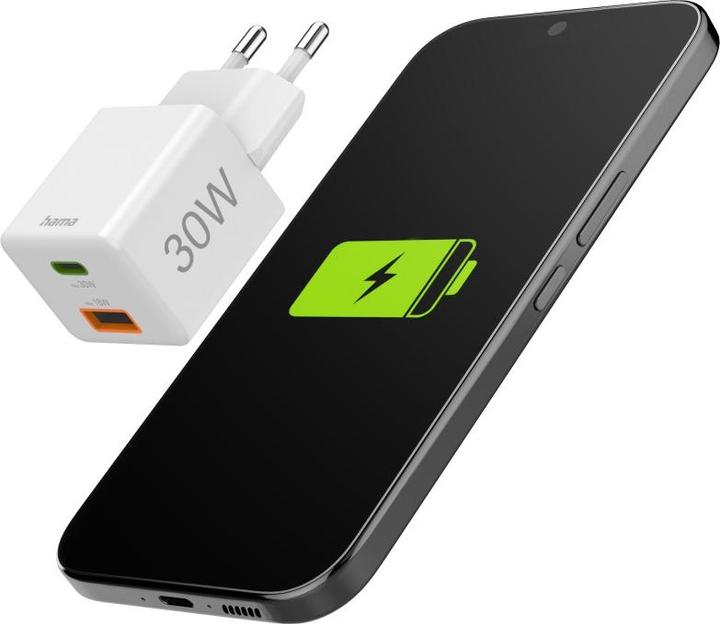 Produktbild Hama Schnellladegerät, 1x USB-C PD, 1x USB-A QC, Mini-Ladegerät, 30 W, Weiss (30 W, 2 Ports)