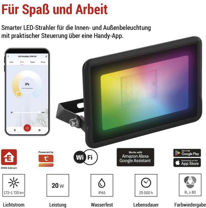 Produktbild Emos GOSMART LED Strahler 20W, 1720lm, RGB+CCT,IP65 (1720 lm)
