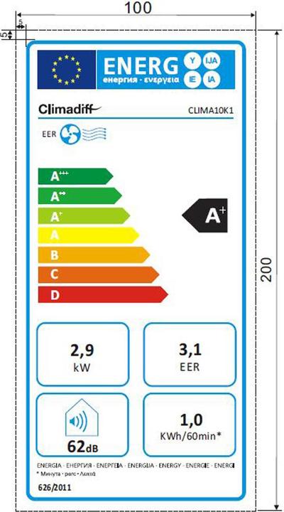 Energie-Label Climadiff Clima10K1 (29 m², 10000 BTU/h)