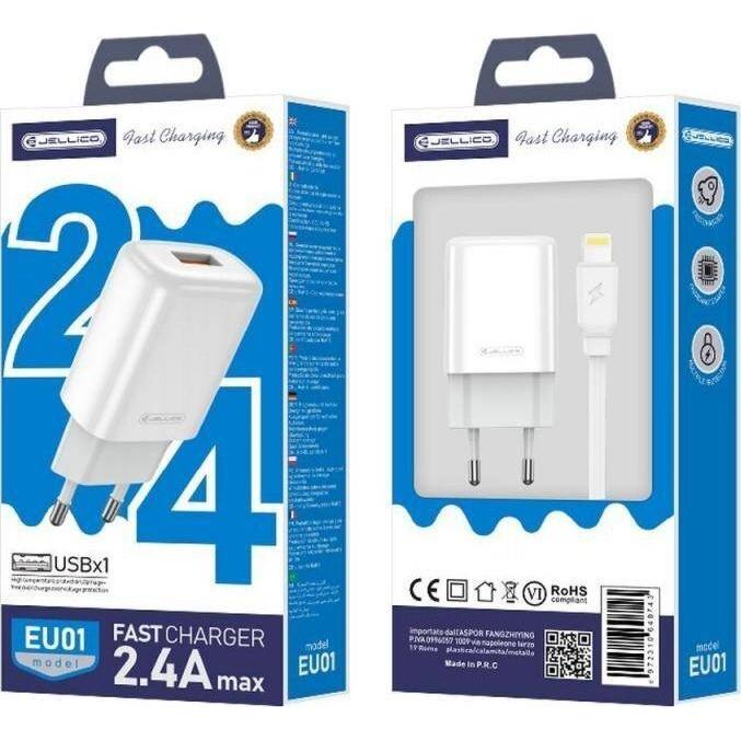 Jellico EU01 USB 12W Caricatore universale USB adattivo 1x USB 2.4A (5-12V) + Cavo Lightning (12 W), Caricatore USB
