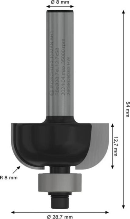 Produktbild Bosch Professional Zubehör Hohlkehlenfräser, 8 mm, R1 8 mm, D 28,7 mm, L 13 mm, G 54 mm
