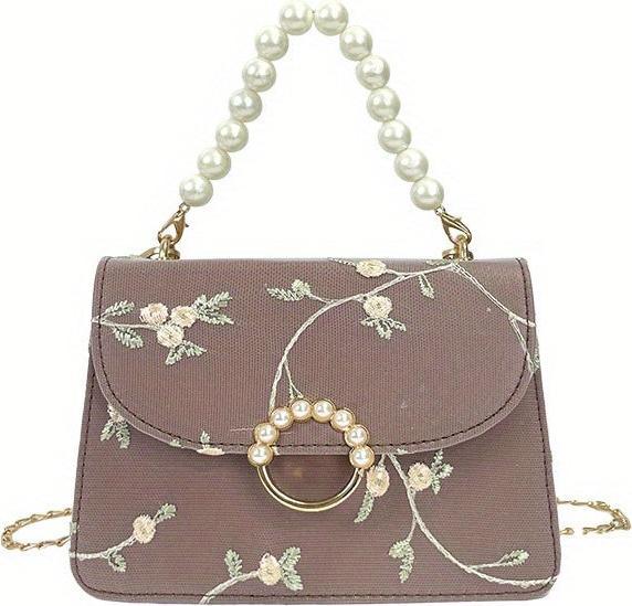 Only-Bags.Store Elegante, floral bestickte, quadratische Mini-Tasche mit Kunstperlen-Akzenten und verstellbarem