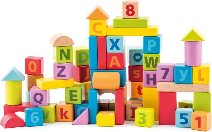 Actual product image Woody Wooden blocks with alphabet and numbers in pastel colours, 60 pieces