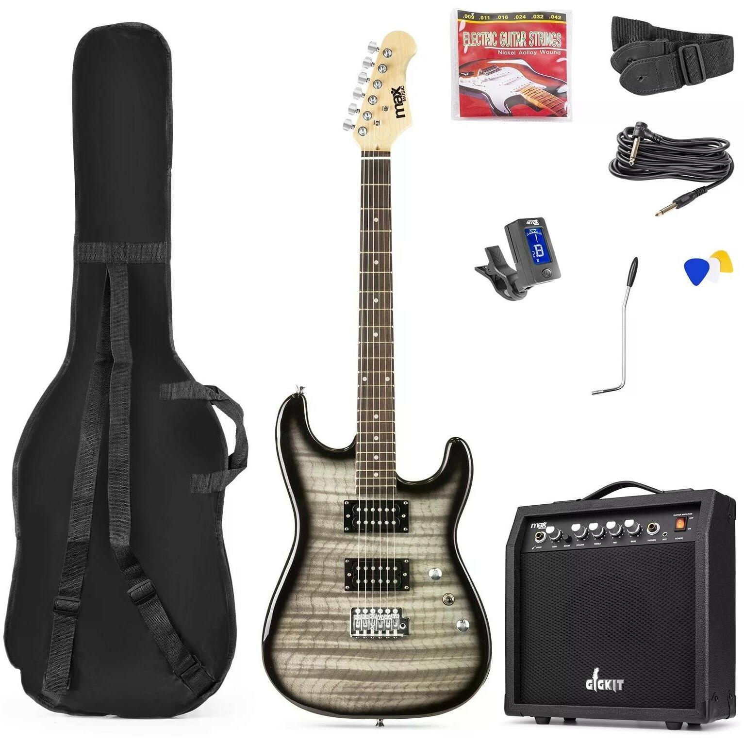 Max Music GigKit per chitarra elettrica stile trapuntato nero (Chitarra elettrica, Collo: Lime, Tastiera: Palissandro, Corpo: Lime), Chitarra, Nero