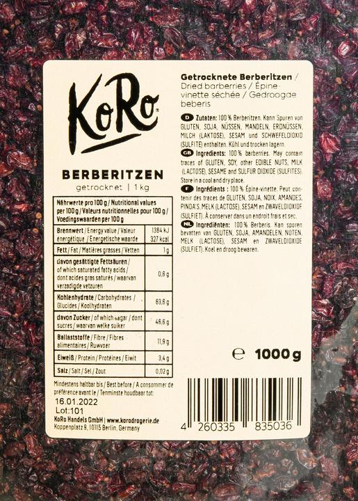 Nutritional values and ingredients KoRo Dried barberries (1000 g)