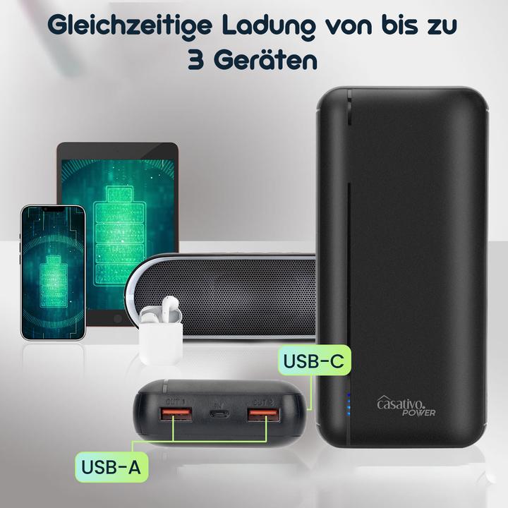 Produktbild Casativo Powerbank mit 3 USB Ports, USB-C PD & QC 3.0, 20.000 mAh (20000 mAh, 20 W)