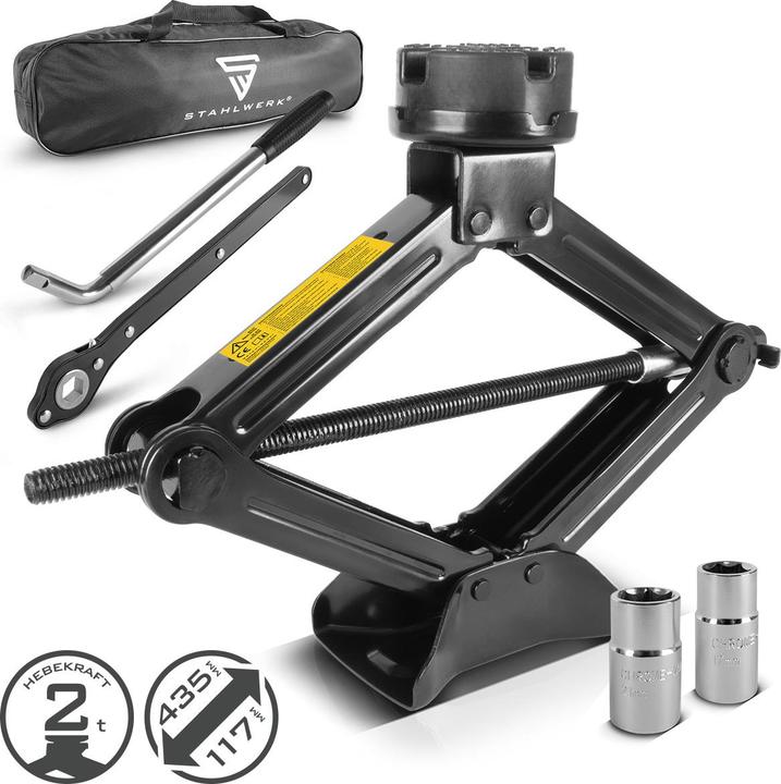 Stahlwerk Scherenwagenheber mit Ratsche, 2.000 kg Hubkraft, Set mit Radmutterschlüssel und Tasche