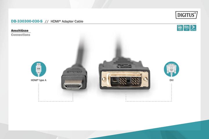 Image du produit Digitus Câble adaptateur / convertisseur HDMI, HDMI vers DVI-D (3 m, HDMI)