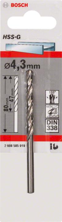 Immagine prodotto Bosch Professional Zubehör Trapano per metallo HSS-G, DIN 338, 4,3 x 47 x 80 mm, confezione da 1 pz. (4,3 mm)