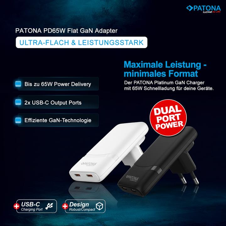 Image du produit Patona GaN Flat PD 65W 2x USB-C Black (65 W, 2 ports)