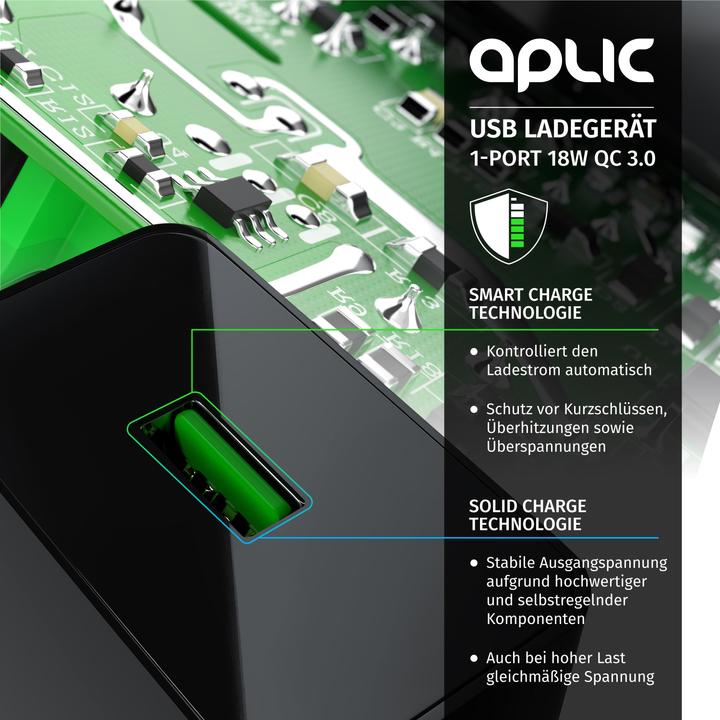 Actual product image Aplic USB charger 3000 mA, Quick Charge 3.0 USB charger 1x USB A QC 3.0 port, max. 3A via QC, black (1 portion)