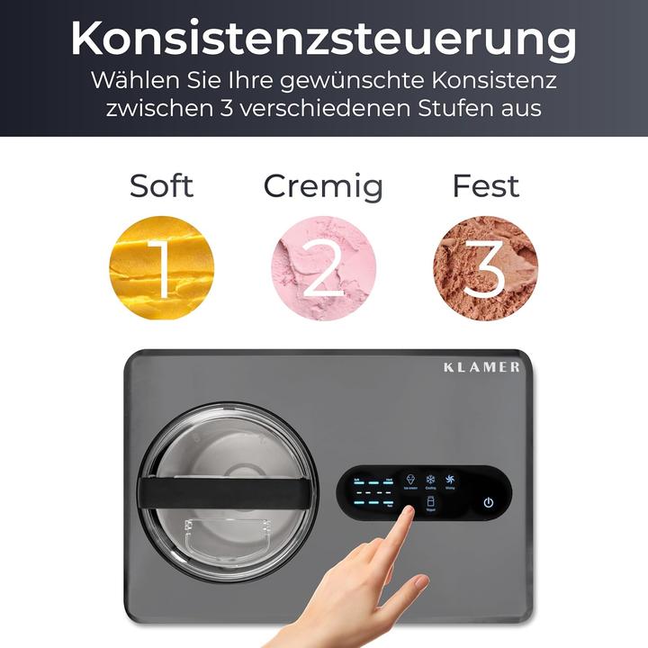Produktbild KLAMER 2-in-1 Eismaschine & Joghurtbereiter 2 L, 220 W Eiscrememaschine aus Edelstahl mit Kühl-…
