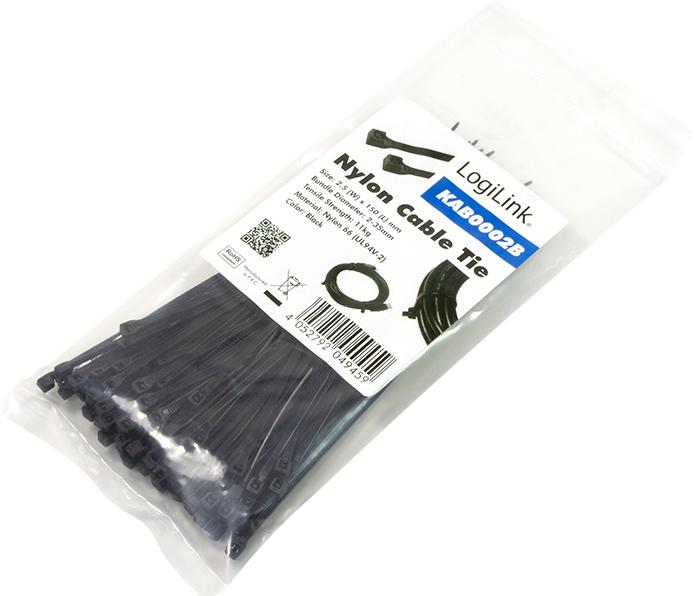 Actual product image LogiLink Cable tie 100 pieces, length: 150 mm, thickness: 2,5 mm, black (Plastic cable ties, 150 mm, 100 pcs.)