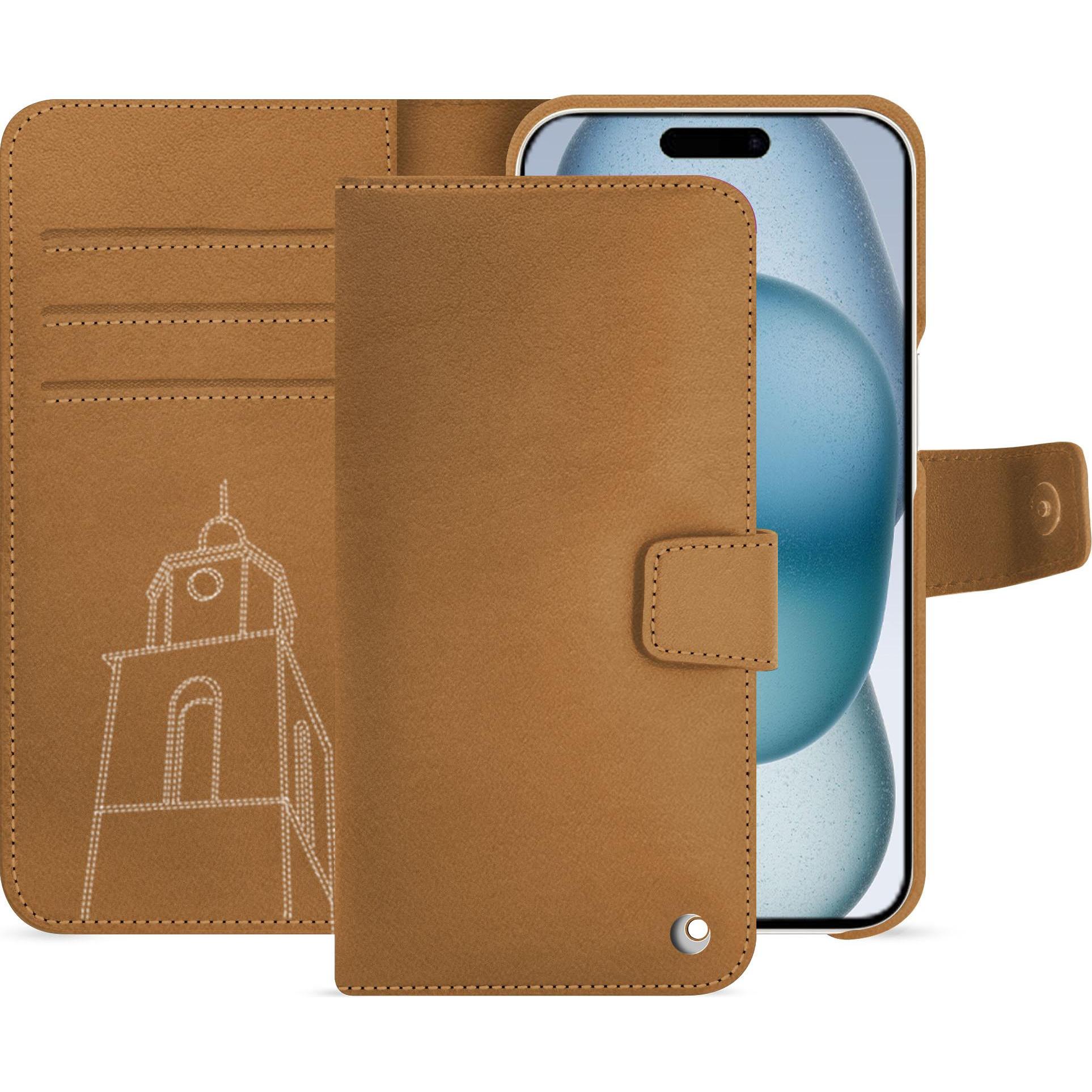 Noreve Lederschutzhülle Apple iPhone 15 (Apple iPhone 15), Smartphone Hülle, Braun