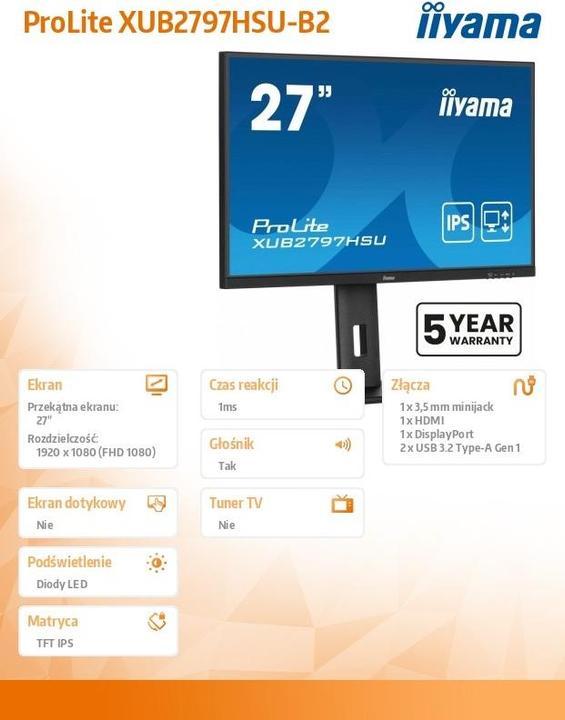Image du produit iiyama 68.5cm (27") XUB2797HSU-B2 16:9 HDMI+DP+2xUSB IPS (1920 x 1080 pixels, 27")