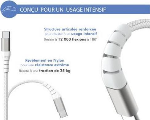 Image du produit Force Power Câble renforcé USB C / USB C 3A 60W avec 12.000 courbures 1,2m (1.20 m, USB 2.0, 60 W)