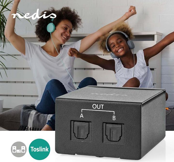 Produktbild Nedis TosLink-Splitter 2-Weg Anschlüsse – Eingang: TosLink Buchse Anschlüsse – Ausgang: 2X TosLink D