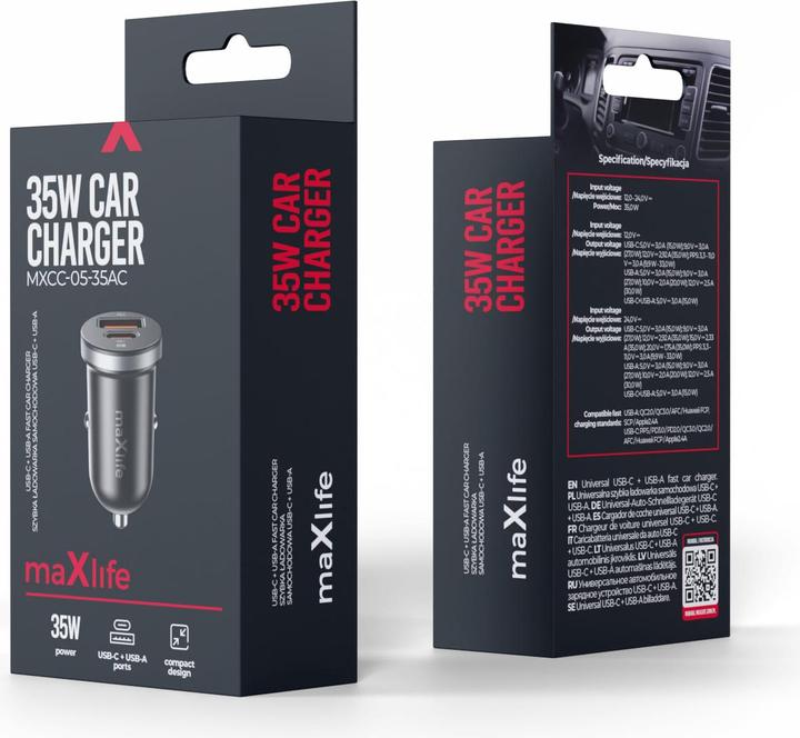 Actual product image Maxlife MXCC-05 PD QC car charger 1x USB-C 1x USB 35W black