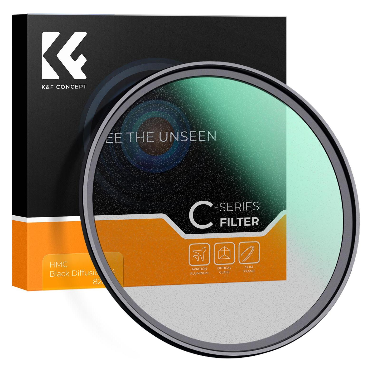 K&F Concept 49MM Black Mist Filter 1/4, Ultra-thin 18 Layer Green Coatings (C Series) (49 mm, Black Mist Filter), Objektivfilter, Schwarz