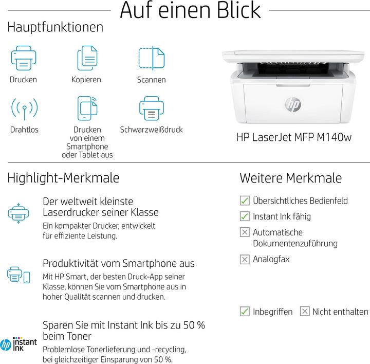 Produktbild HP LaserJet MFP M140w (Laser, Schwarz-Weiss)
