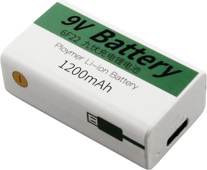 Actual product image AccuCell 9V battery pack with USB-C charging port, Li-ion, 7.4V, 1200mAh, 8.1 Wh (1 pcs., 1200 mAh, Rechargeable battery)