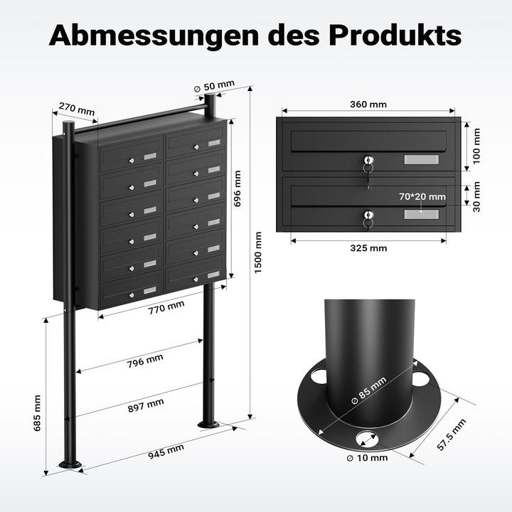 Produktbild Wiltec 12er Briefkastenanlage schwarz 2x6 Fächer Standbriefkasten Briefkasten