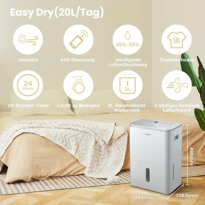Produktbild Comfee Luftentfeuchter mit App-Steuerung, 4 Modi, Ionisator und Wäschetrockner-Funktion (52 m², 20 l/24h)