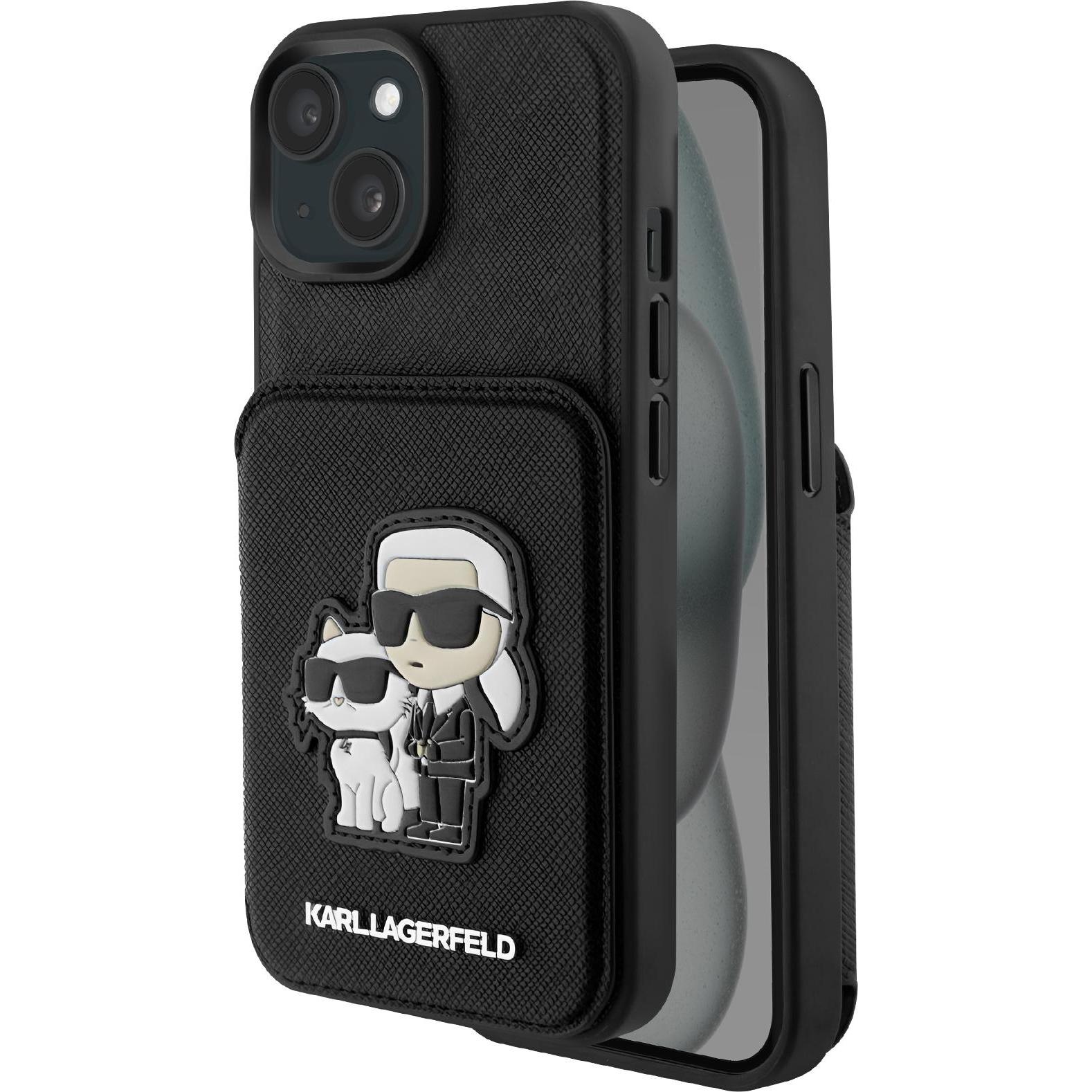 Karl Lagerfeld Hülle Saffiano mit Kartenhalter, Schwarz Series (Apple iPhone 15), Smartphone Hülle, Schwarz