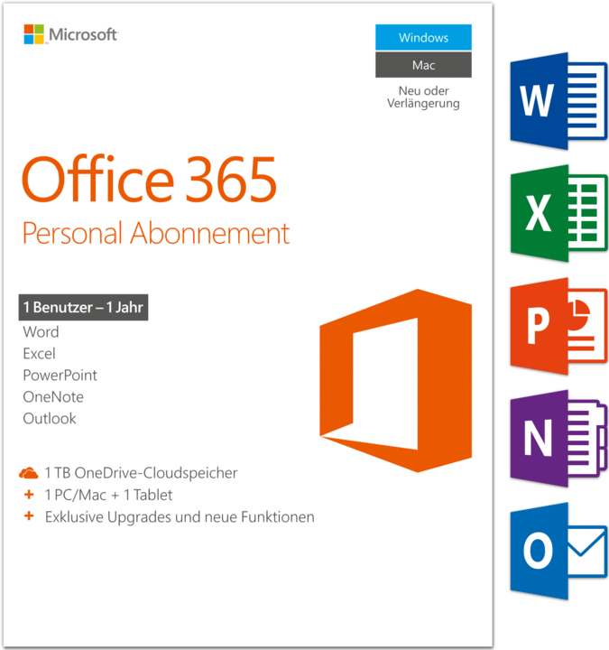 Produktbild Microsoft Office 365 Personal (1 User, 12 Monate)