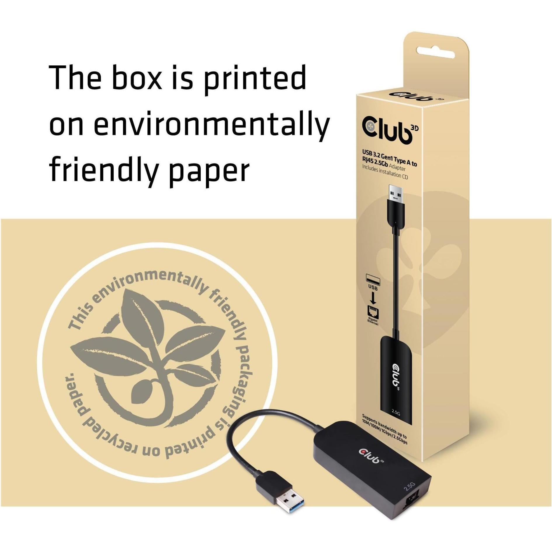 Thumbnail - Club 3D USB 3.2 Gen1 Typ A auf RJ45 (USB 3.2, RJ45 (1x)), Netzwerkadapter, Schwarz