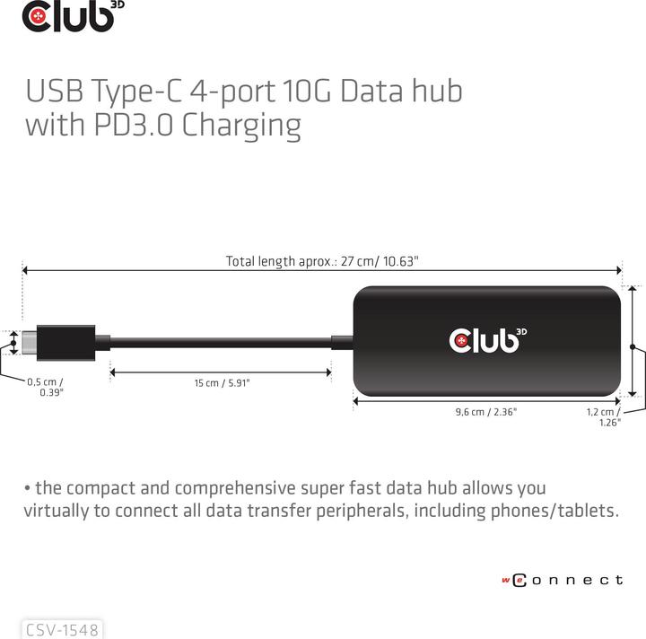 Produktbild Club 3D Club3D USB-Hub Typ C > 4x USB Typ C 10Gbps + 100W PD St/Bu retail (USB-C, 4 Ports)