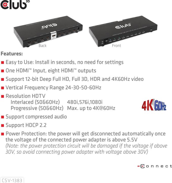 Actual product image Club 3D Club3D HDMI Splitter 1 input -> 8 outputs 4K60Hz UHD retail