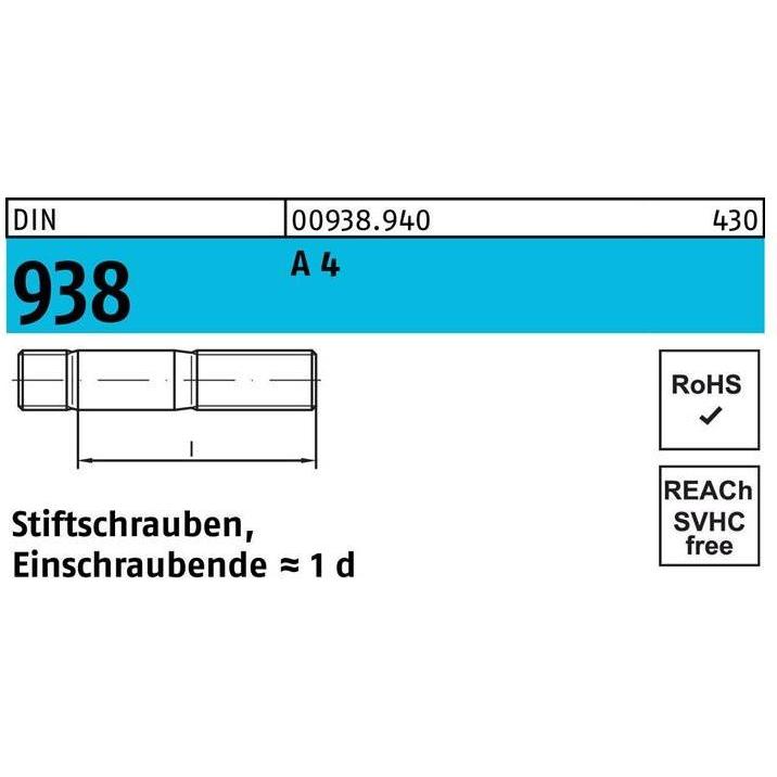 Schrauben, Stiftschraube DIN 938 M 6 x 40 A 4 (25 Schrauben pro Stück)