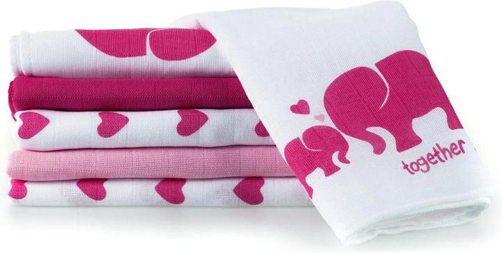 Makian Gauze cloth set of 6 80 x 80 cm Pink and white elephant, heart (80 cm, 80 cm)