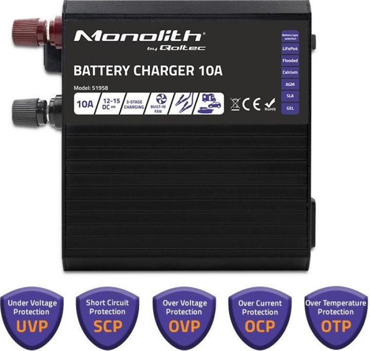 Produktbild Qoltec Inteligentna ładowarka Monolith do akumulatorów LiFePO4 AGM GEL SLA | 10A | 12V