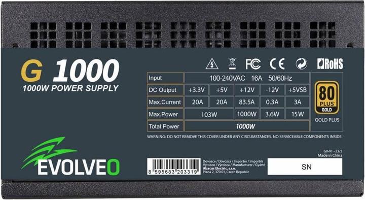 Immagine prodotto Evolveo G1000 PCIe 5.0, zdroj 1000W, ATX 3.0, 80+ GOLD, 90% účinnost, aPFC, 140mm ventilátor, retai (1000 W)