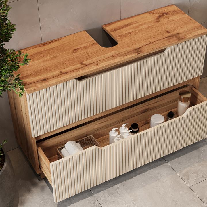 Actual product image Vicco Waschbeckenunterschrank Lotta, Eiche/Kaschmir gestreift, 99.4 x 62.5 cm mit 2 Schubladen (99.40 x 32 x 62.50 cm)