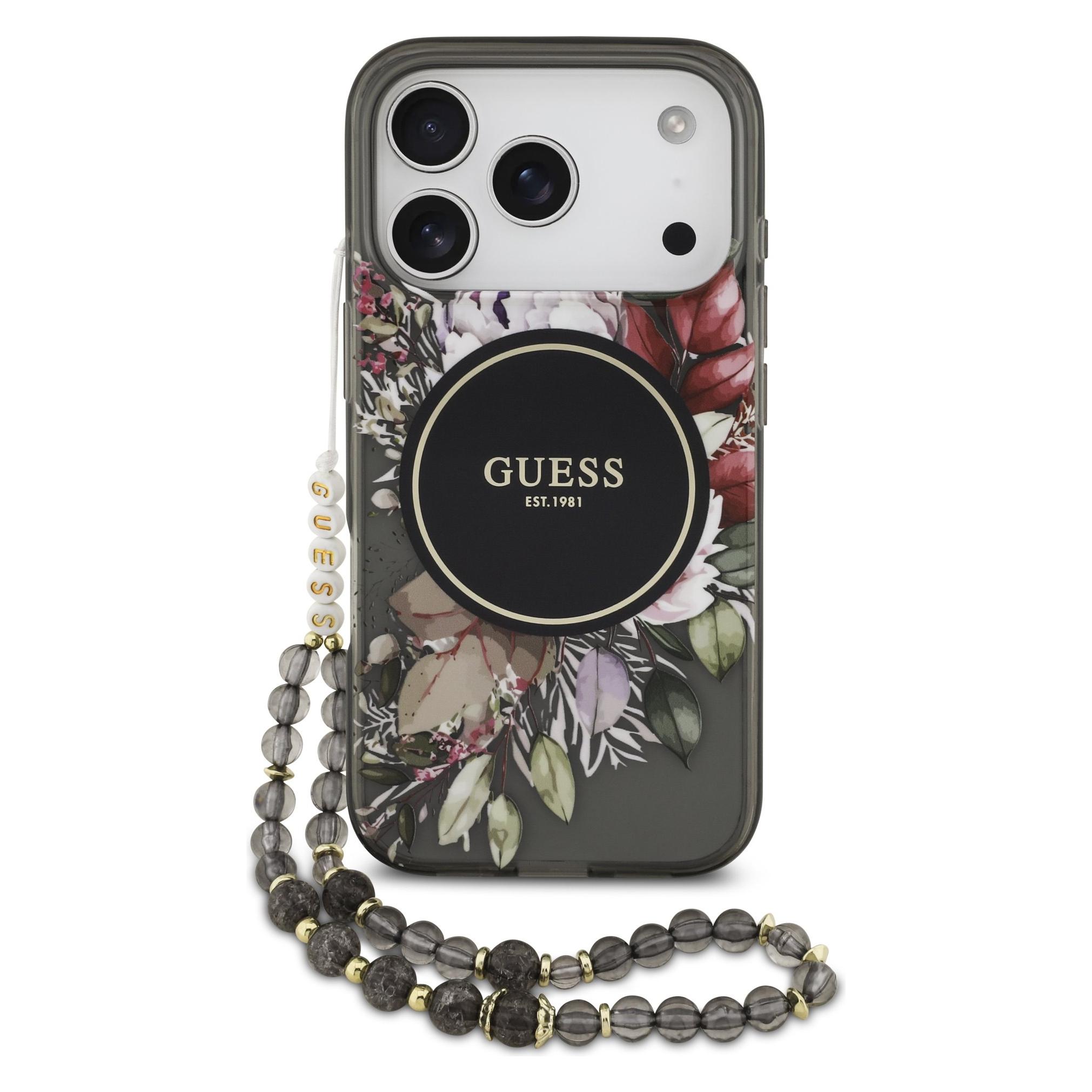 Guess - Iml Flowers With Pearl Strap MagSafe (GUHMP17LHFWBRCESK) - IPhone 17 Pro - Black (Apple IPhone 17 Pro), Smartphone Hülle, Schwarz