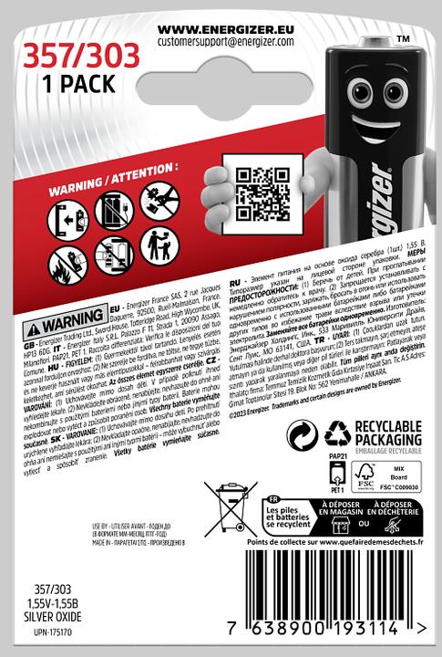 Actual product image Energizer Silver oxides 357/303 (1 pcs., SR44, 150 mAh)