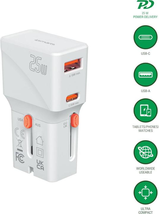 Actual product image 4smarts Travel charger World Travel Adapter Nomad Pocket 25W USB-C/USB-A white