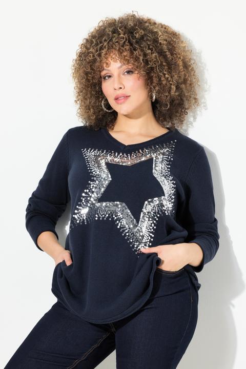 Produktbild Ulla Popken Pullover, Pailletten-Stern, V-Ausschnitt, Langarm (56)