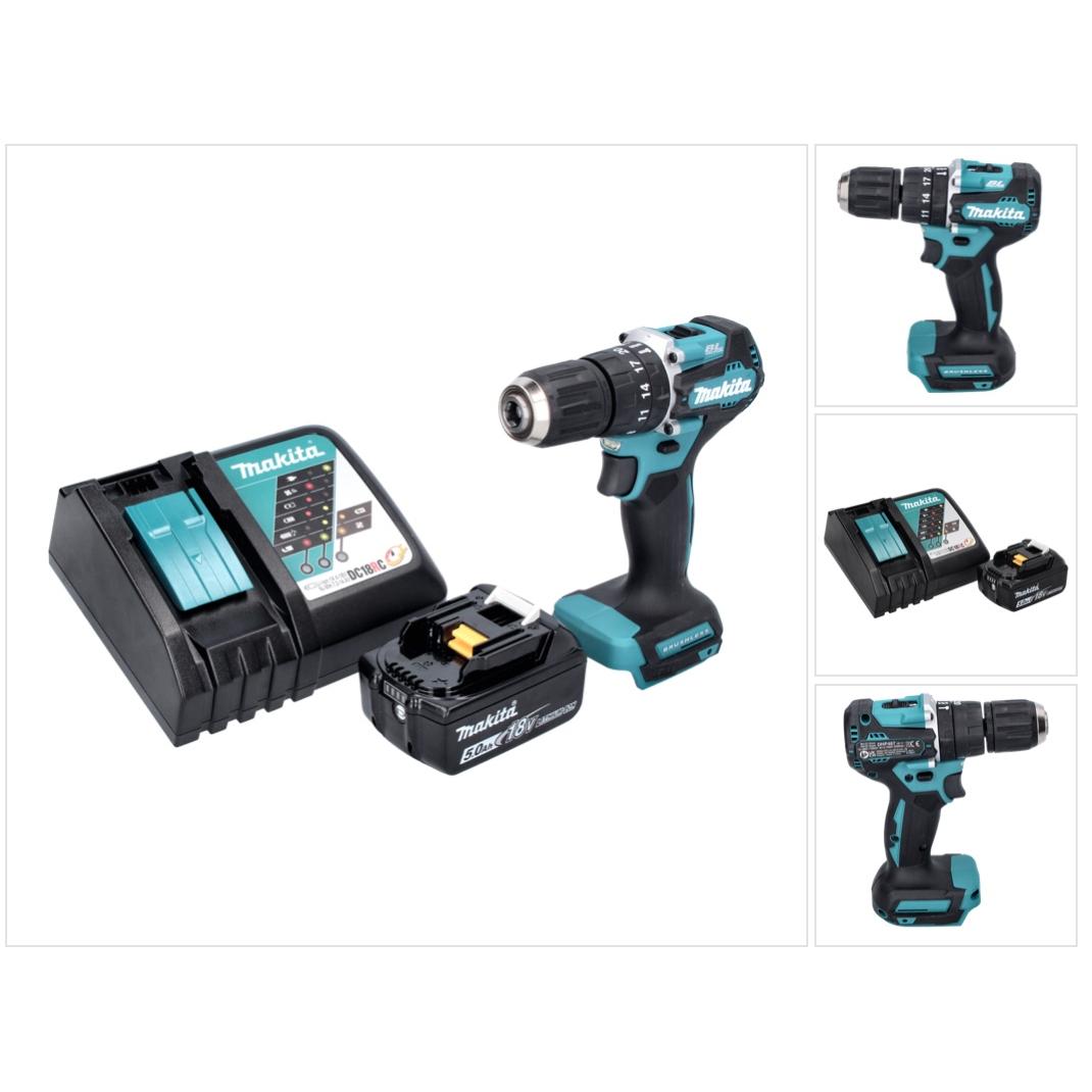 Makita, Bohrmaschine + Akkuschrauber, DHP 487 RT1 Akku Schlagbohrschrauber 18 V 40 Nm Brushless + 1x Akku 5,0 Ah + Ladeg...