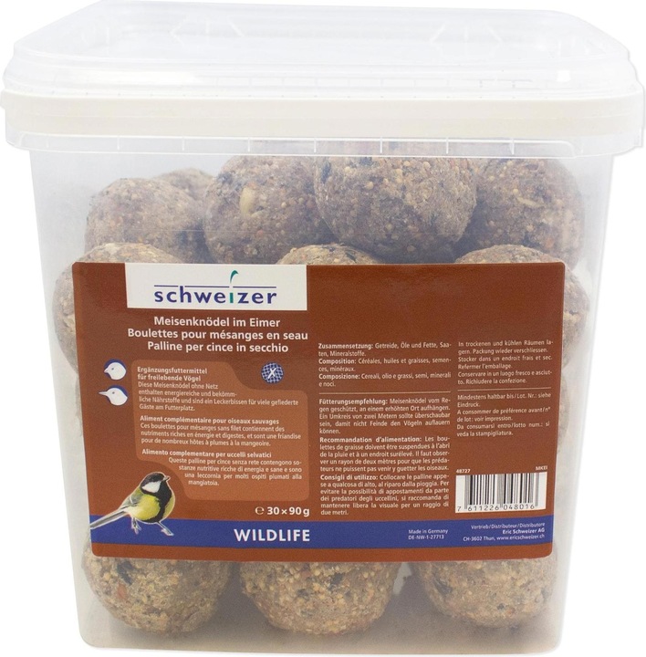 Actual product image Schweizer Winter Bird Food Tit Dumplings in a Bucket, 30 x 90 g, net-free (1 x, 2.70 kg)