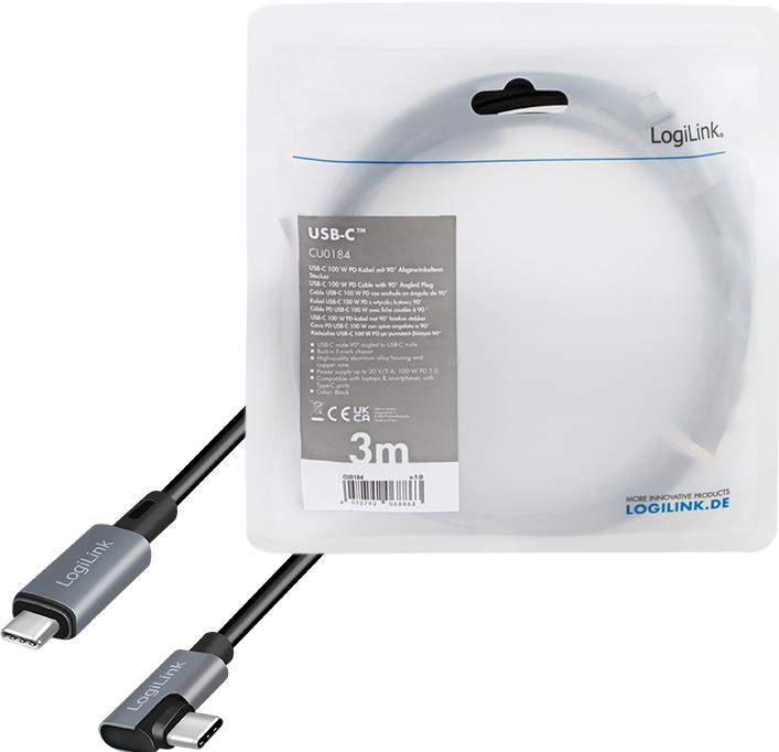 Produktbild LogiLink USB 2.0 Type-C-Kabel, C/M 90° zu USB-C/M, E-mark, PD, schwarz, 3 m (3 m, USB 2.0, 100 W)