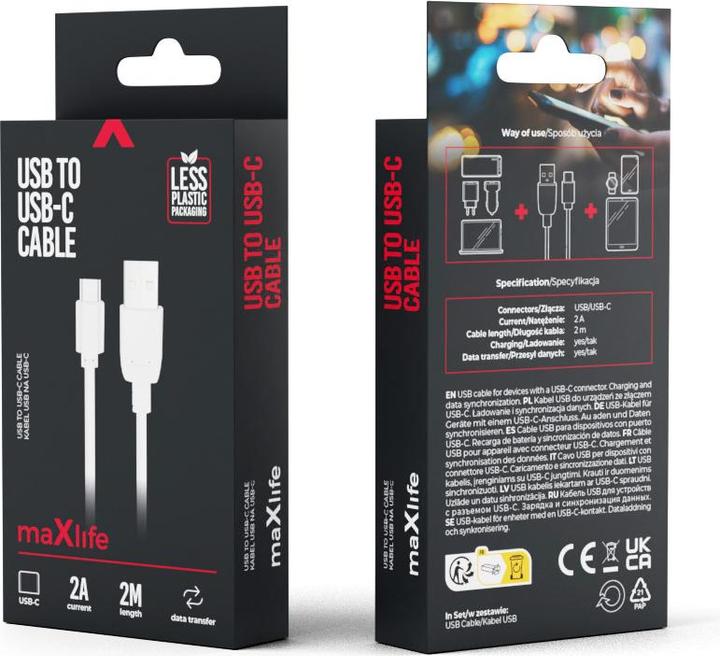 Produktbild Maxlife Kabel USB - USB-C 2,0 m 2A weiss (2 m, USB 2.0, 10 W)